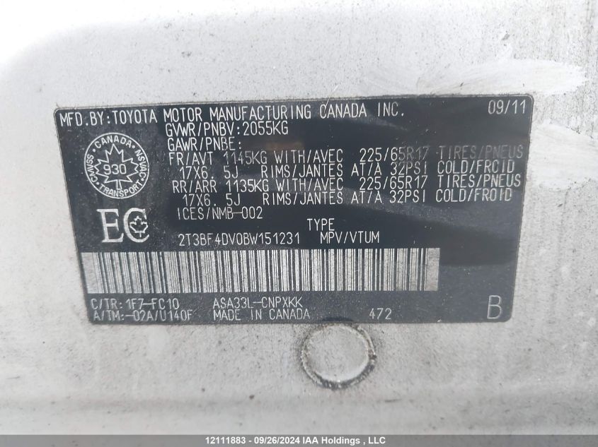 2011 Toyota Rav4 VIN: 2T3BF4DV0BW151231 Lot: 12111883