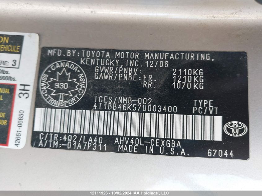 2007 Toyota Camry Hybrid VIN: 4T1BB46K57U003400 Lot: 12111926