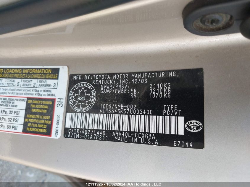 2007 Toyota Camry Hybrid VIN: 4T1BB46K57U003400 Lot: 12111926