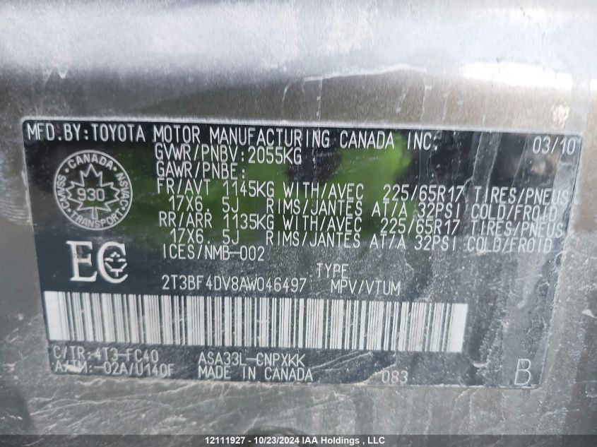 2010 Toyota Rav4 VIN: 2T3BF4DV8AW046497 Lot: 12111927