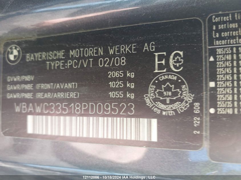 2008 BMW 3 Series VIN: WBAWC33518PD09523 Lot: 12112086