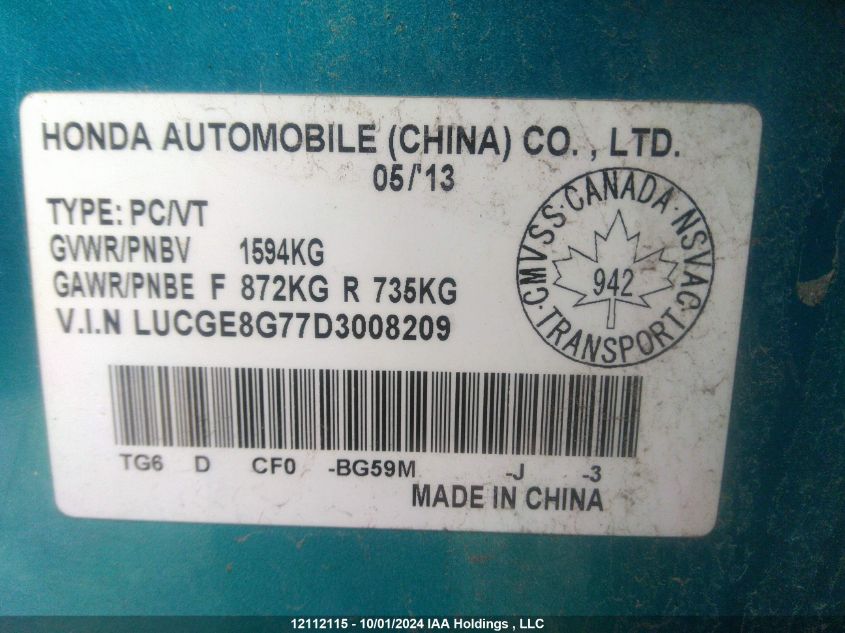 LUCGE8G77D3008209 2013 Honda Fit