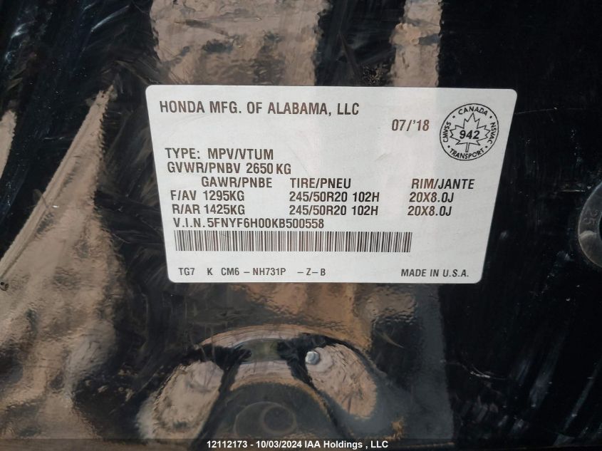 2019 Honda Pilot Elite VIN: 5FNYF6H00KB500558 Lot: 12112173