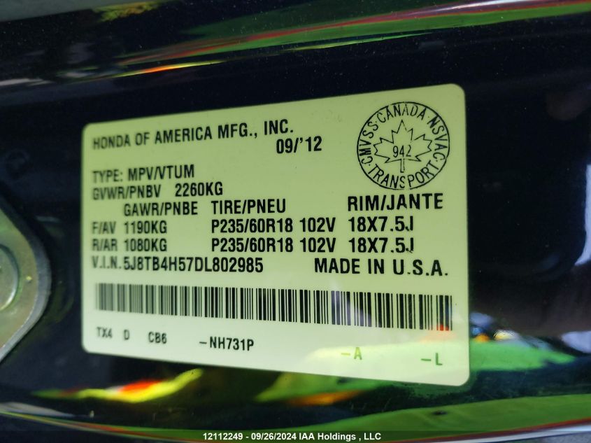 2013 Acura Rdx VIN: 5J8TB4H57DL802985 Lot: 12112249