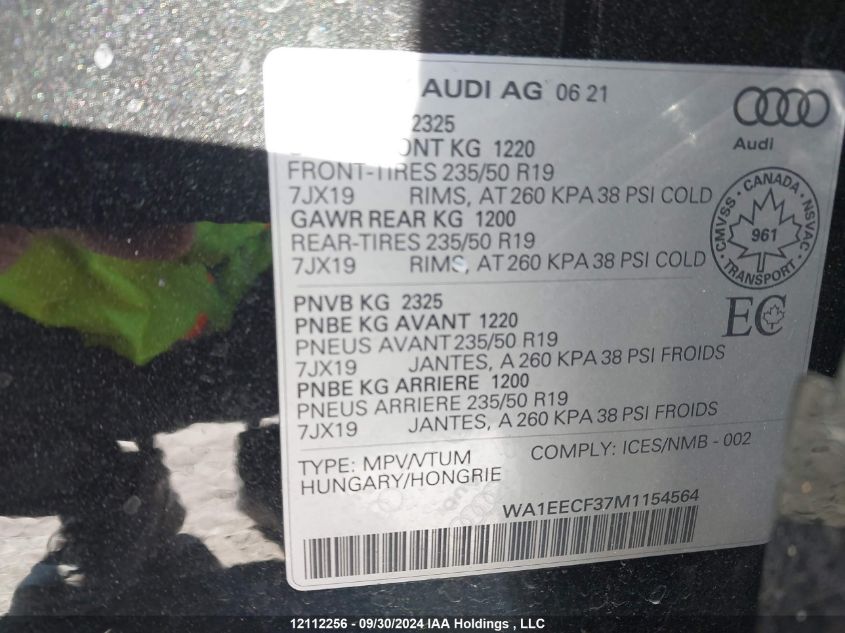 WA1EECF37M1154564 2021 Audi Q3