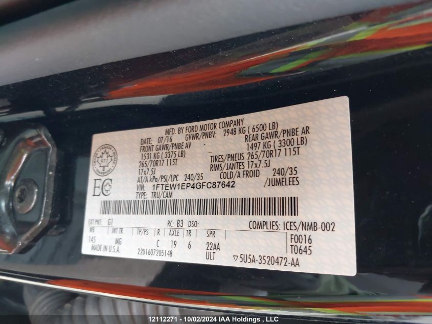 2016 Ford F150 Supercrew VIN: 1FTEW1EP4GFC87642 Lot: 12112271