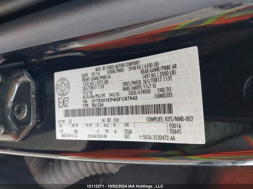 2016 Ford F150 Supercrew VIN: 1FTEW1EP4GFC87642 Lot: 12112271