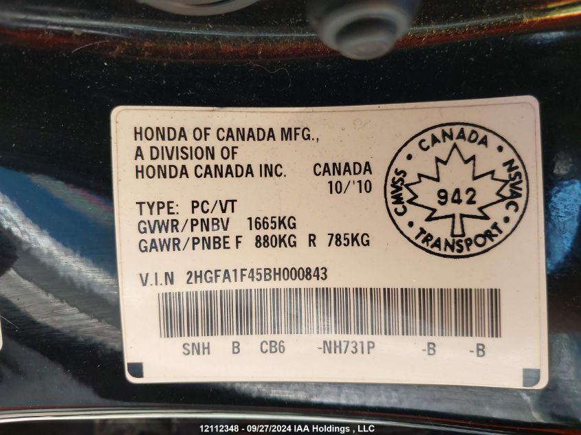 2HGFA1F45BH000843 2011 Honda Civic