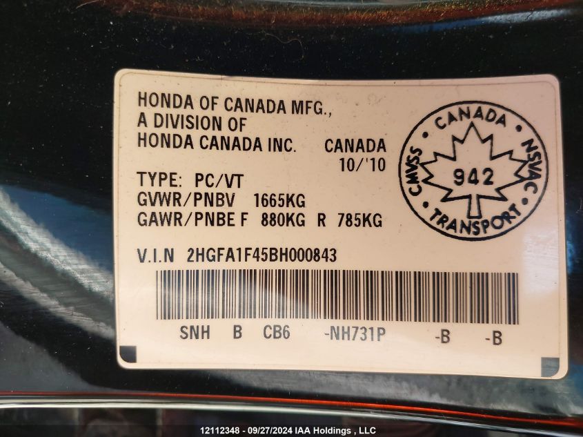 2HGFA1F45BH000843 2011 Honda Civic