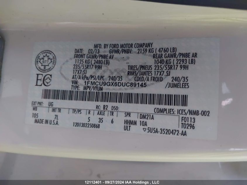 2013 Ford Escape Se VIN: 1FMCU9GX6DUC89145 Lot: 12112401