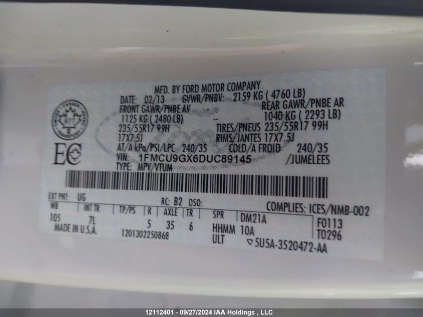 2013 Ford Escape Se VIN: 1FMCU9GX6DUC89145 Lot: 12112401