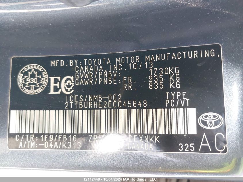 2T1BURHE2EC045648 2014 Toyota Corolla L/Le/Le Pls/Prm/S/S Pls