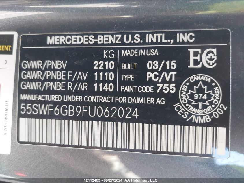 2015 Mercedes-Benz C-Class VIN: 55SWF6GB9FU062024 Lot: 12112489