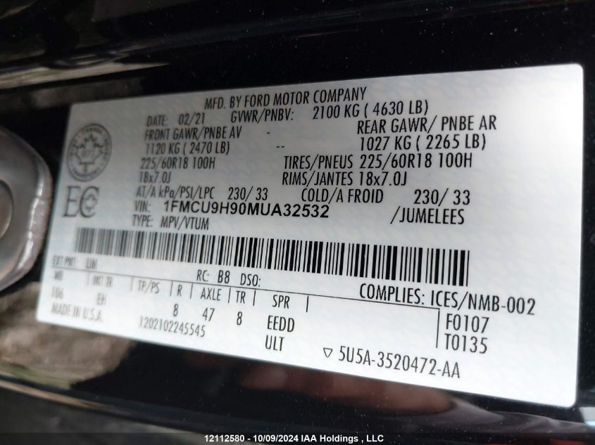 2021 Ford Escape Sel VIN: 1FMCU9H90MUA32532 Lot: 12112580