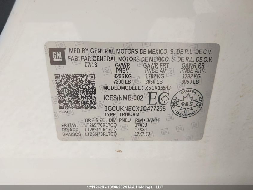 2018 Chevrolet Silverado K1500/K1500 Ls VIN: 3GCUKNECXJG477205 Lot: 12112628