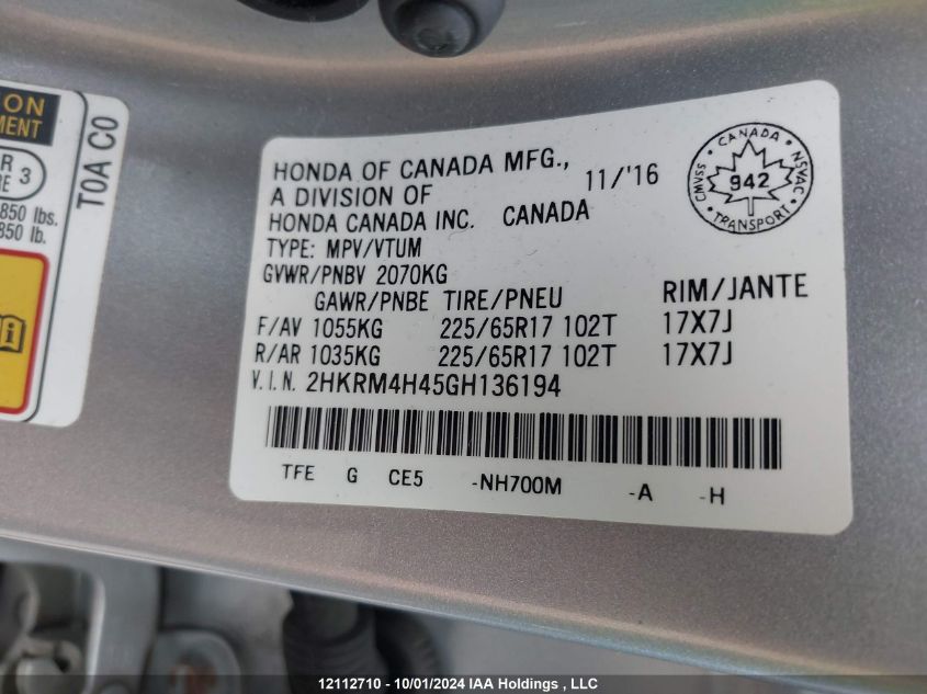 2HKRM4H45GH136194 2016 Honda Cr-V