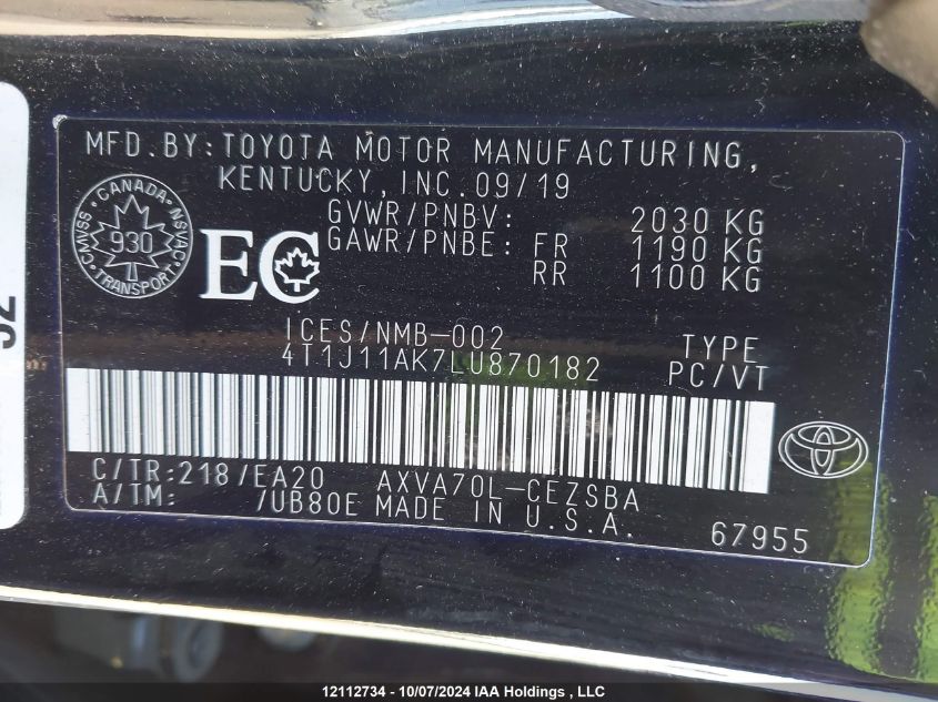 4T1J11AK7LU870182 2020 Toyota Camry Se