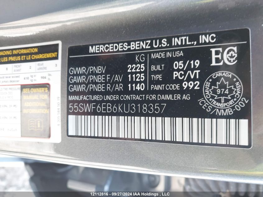 2019 Mercedes-Benz C-Class VIN: 55SWF6EB6KU318357 Lot: 12112816