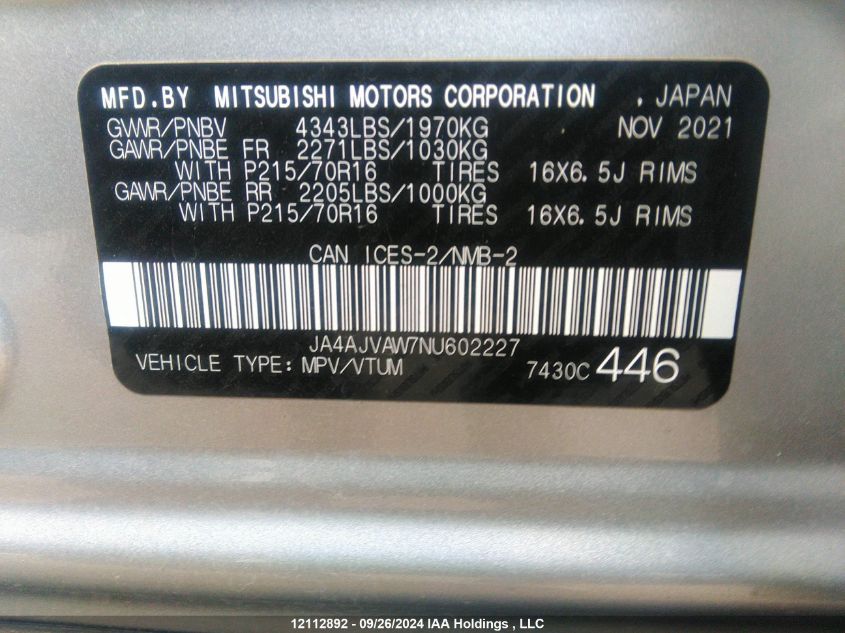 2022 Mitsubishi Rvr VIN: JA4AJVAW7NU602227 Lot: 12112892