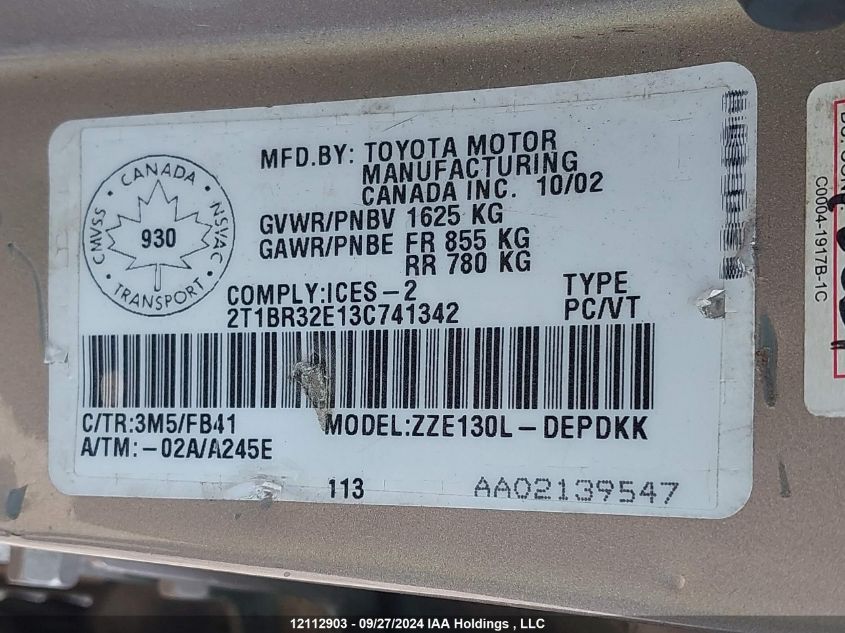 2003 Toyota Corolla Ce/Le/S VIN: 2T1BR32E13C741342 Lot: 12112903