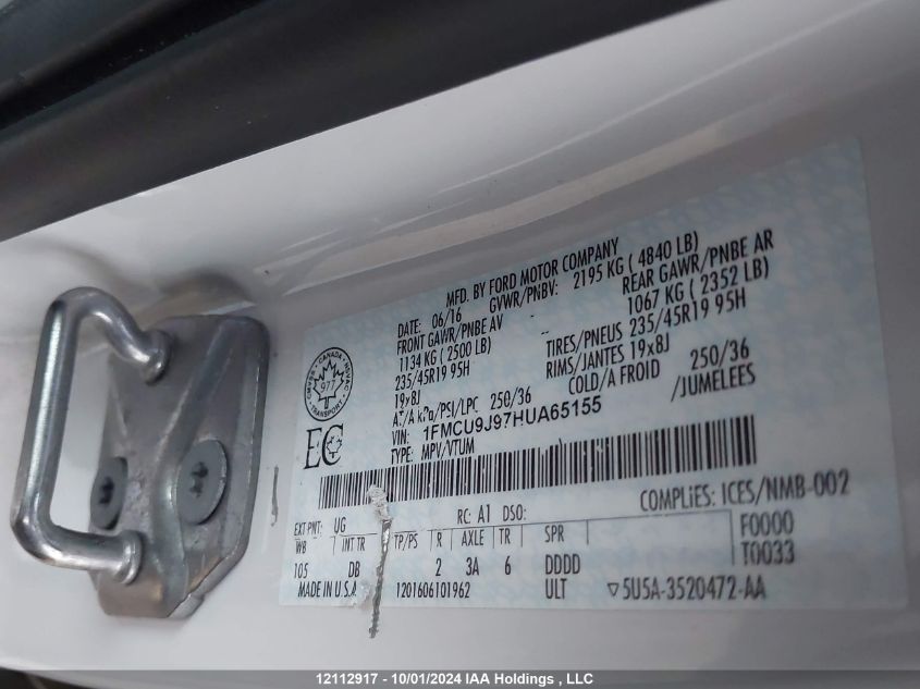 2017 Ford Escape Titanium VIN: 1FMCU9J97HUA65155 Lot: 12112917