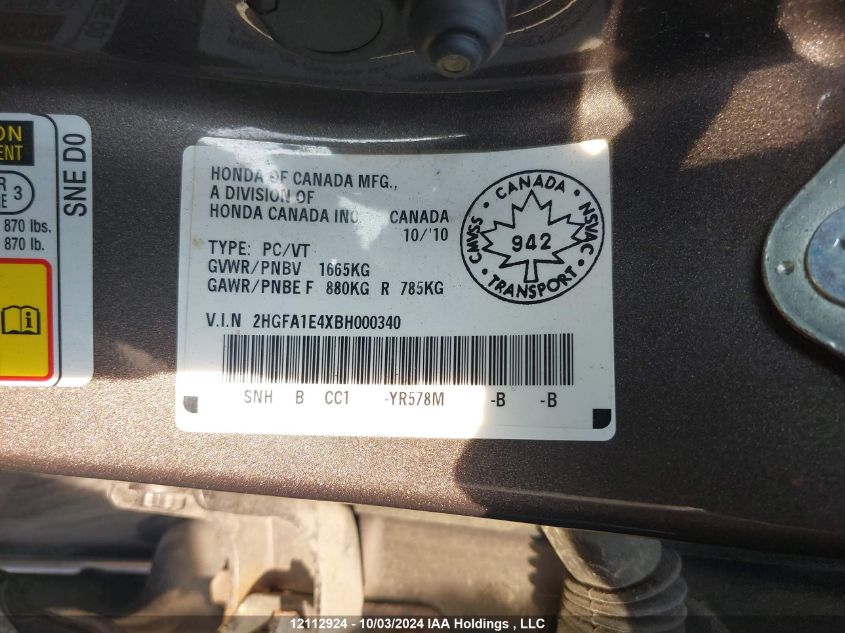 2HGFA1E4XBH000340 2011 Honda Civic Sdn