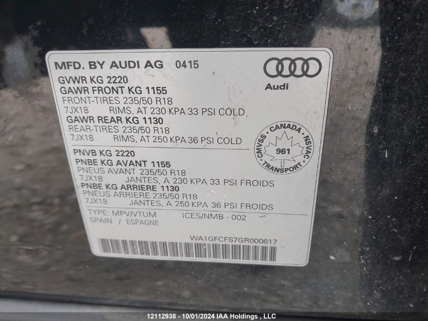 2016 Audi Q3 VIN: WA1GFCFS7GR000617 Lot: 12112938