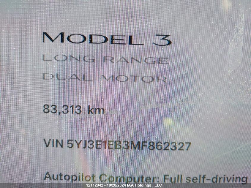 2021 Tesla Model 3 VIN: 5YJ3E1EB3MF862327 Lot: 12112942