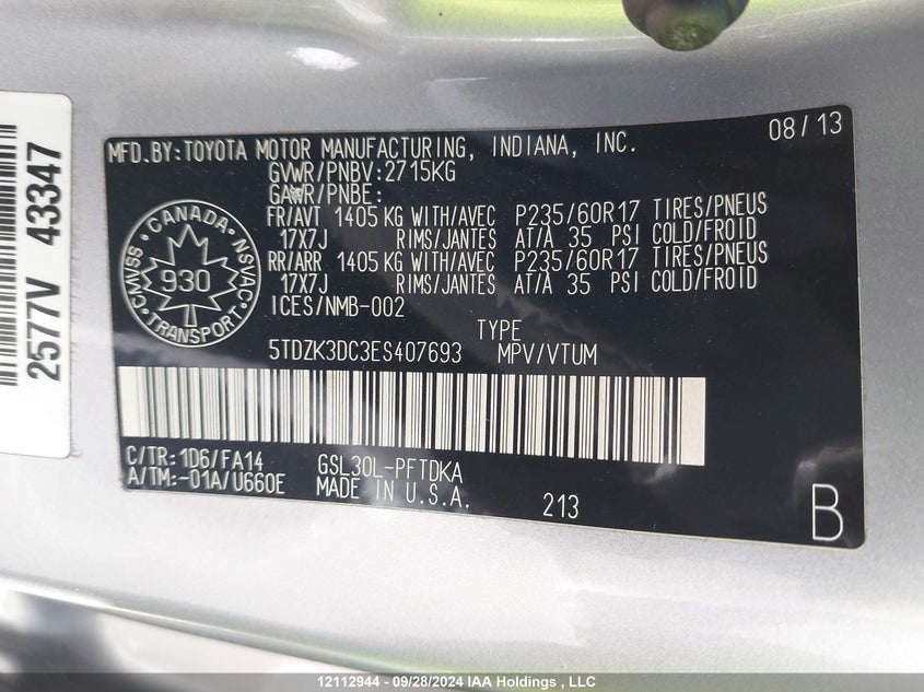 2014 Toyota Sienna VIN: 5TDZK3DC3ES407693 Lot: 12112944