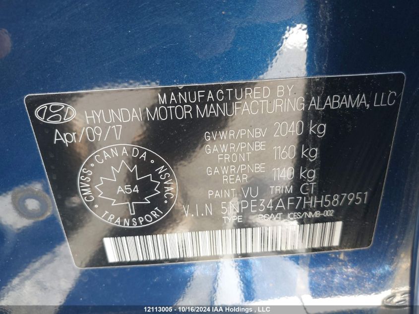 2017 Hyundai Sonata Sport/Limited VIN: 5NPE34AF7HH587951 Lot: 12113005