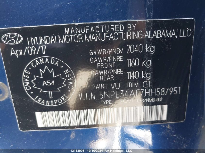 2017 Hyundai Sonata Sport/Limited VIN: 5NPE34AF7HH587951 Lot: 12113005