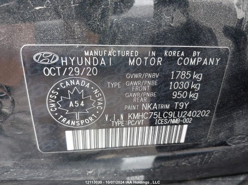 2020 Hyundai Ioniq Se VIN: KMHC75LC9LU240202 Lot: 12113030