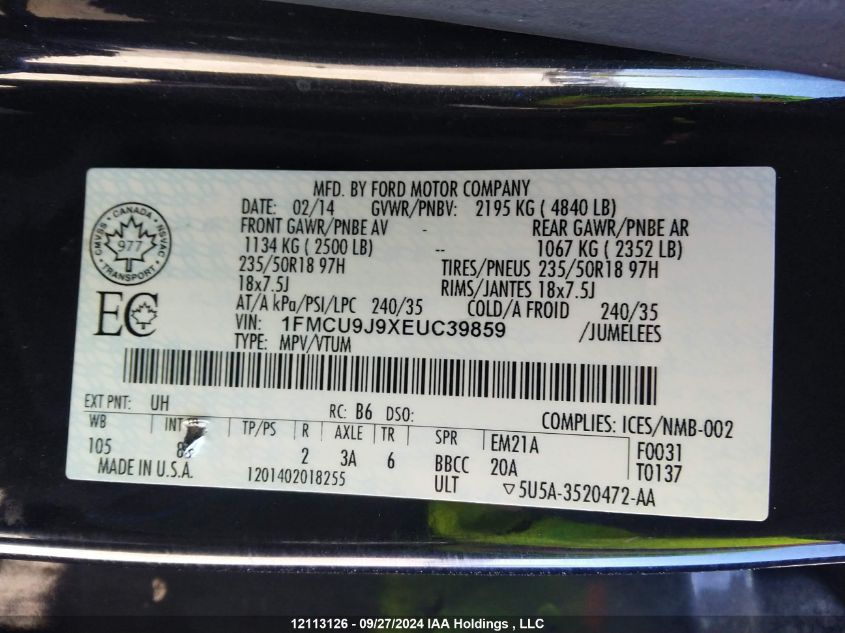 2014 Ford Escape Titanium VIN: 1FMCU9J9XEUC39859 Lot: 12113126