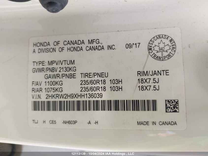 2017 Honda Cr-V VIN: 2HKRW2H9XHH136039 Lot: 12113139