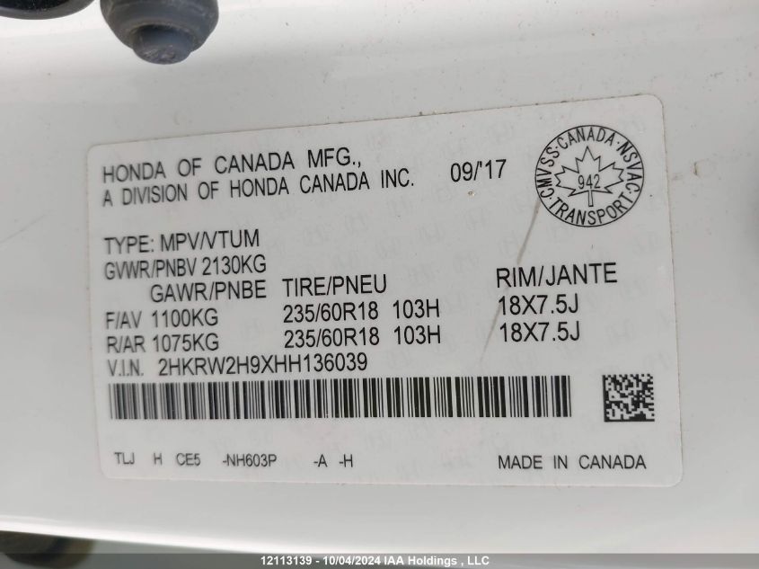 2017 Honda Cr-V VIN: 2HKRW2H9XHH136039 Lot: 12113139