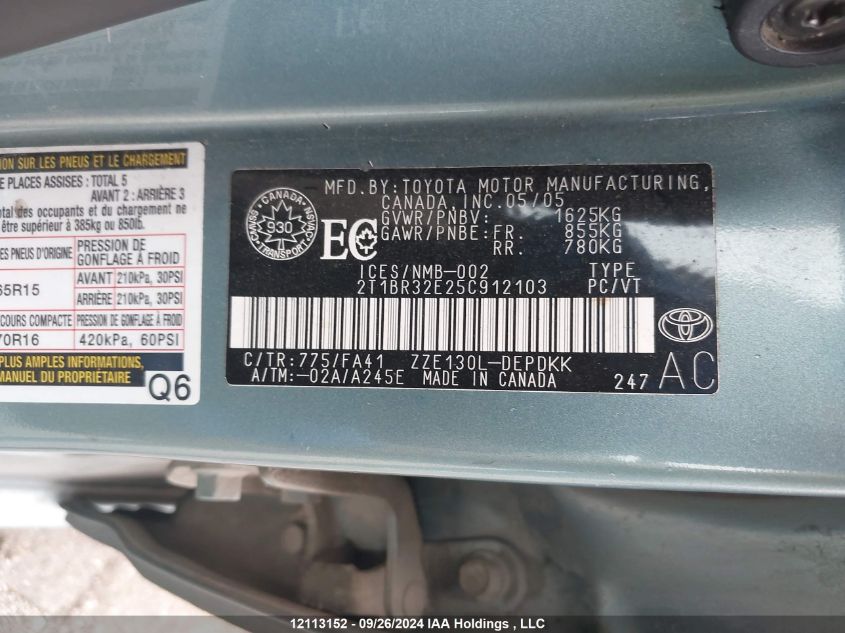 2005 Toyota Corolla VIN: 2T1BR32E25C912103 Lot: 12113152