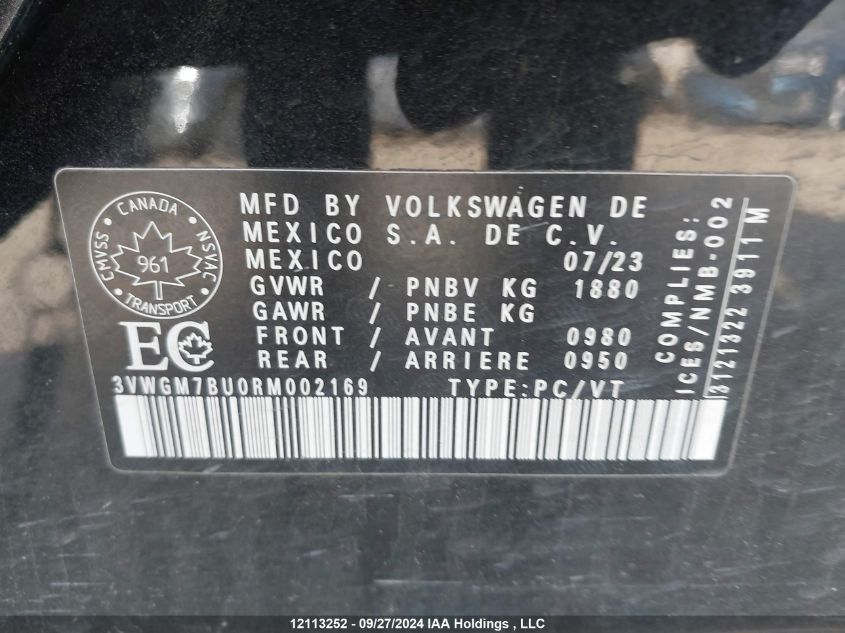 2024 Volkswagen Jetta Sel VIN: 3VWGM7BU0RM002169 Lot: 12113252