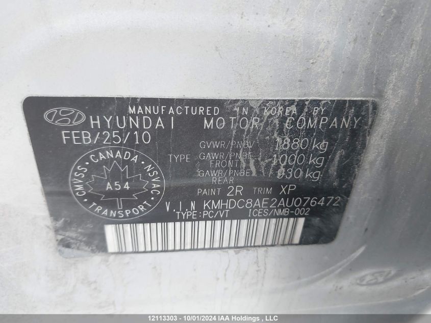 2010 Hyundai Elantra VIN: KMHDC8AE2AU076472 Lot: 12113303