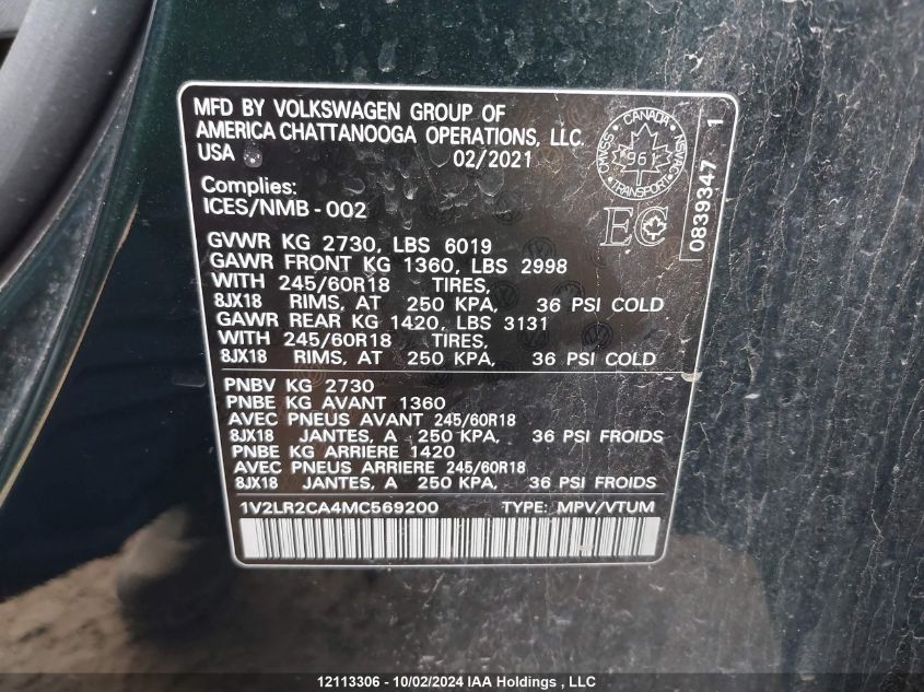 2021 Volkswagen Atlas VIN: 1V2LR2CA4MC569200 Lot: 12113306