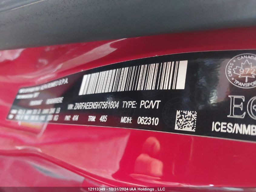 2017 Alfa Romeo Giulia Ti VIN: ZARFAEEN5H7561604 Lot: 12113349