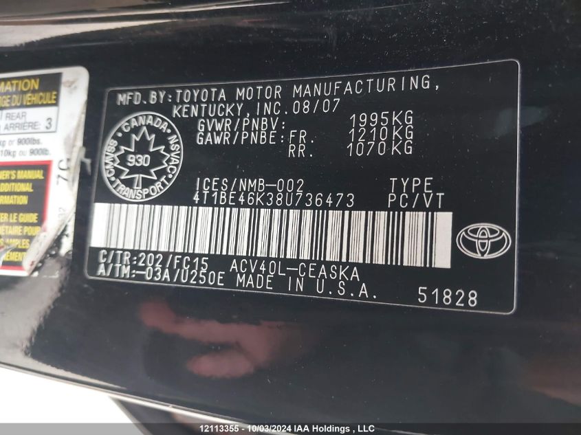 2008 Toyota Camry Ce/Le/Xle/Se VIN: 4T1BE46K38U736473 Lot: 12113355