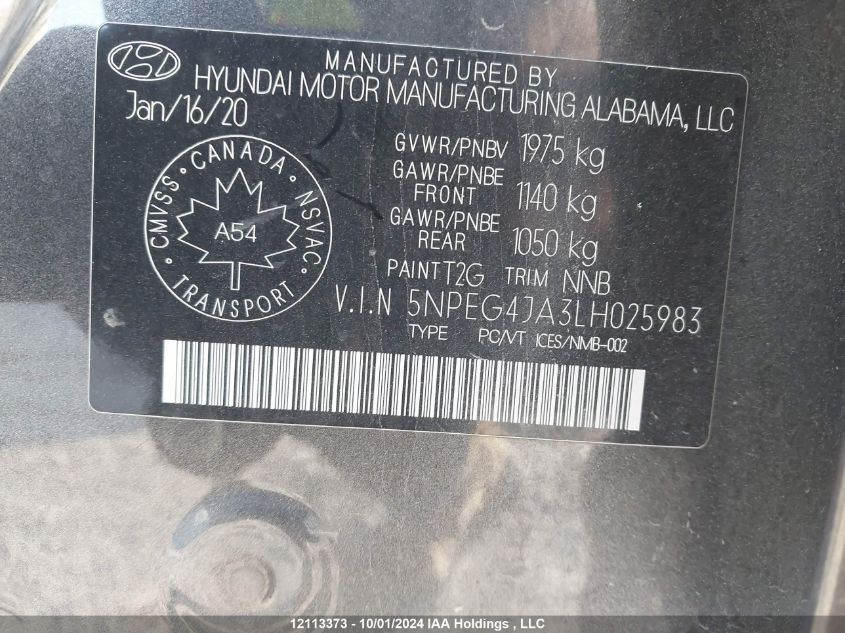 2020 Hyundai Sonata Preferred VIN: 5NPEG4JA3LH025983 Lot: 12113373
