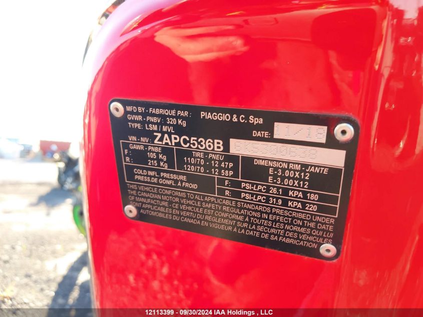 2019 Piaggio VIN: ZAPC536B6K5300638 Lot: 12113399