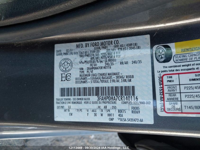 3FAHP0HA7CR140116 2012 Ford Fusion Se