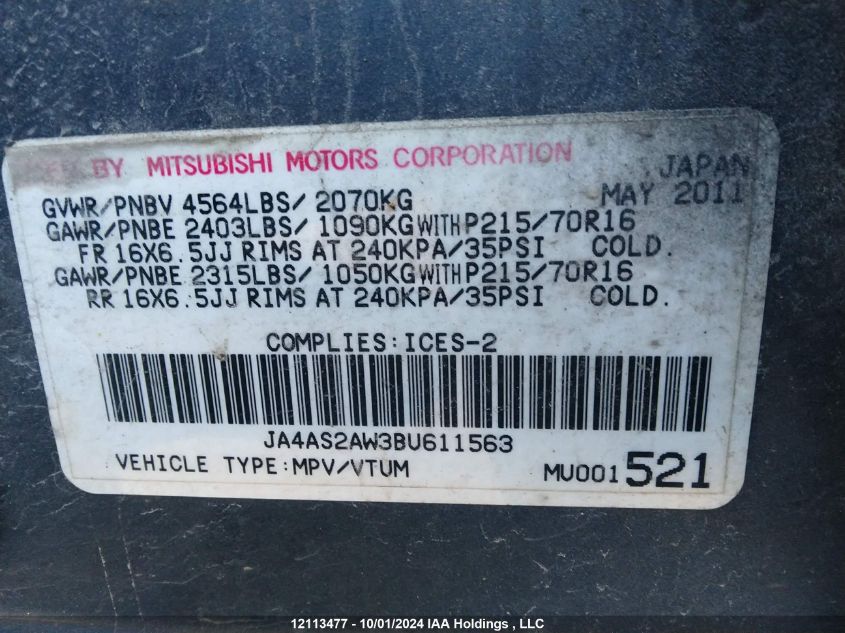 2011 Mitsubishi Outlander VIN: JA4AS2AW3BU611563 Lot: 12113477