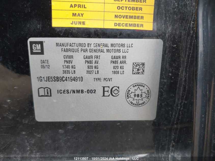 2012 Chevrolet Sonic 2Lz VIN: 1G1JE5SB9C4194910 Lot: 12113507