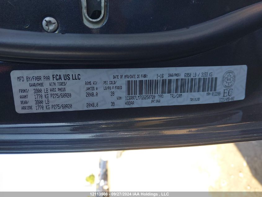 2016 Ram 1500 Slt VIN: 1C6RR7LM7GS250720 Lot: 12113508