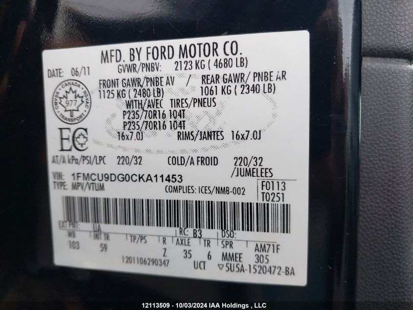 1FMCU9DG0CKA11453 2012 Ford Escape Xlt