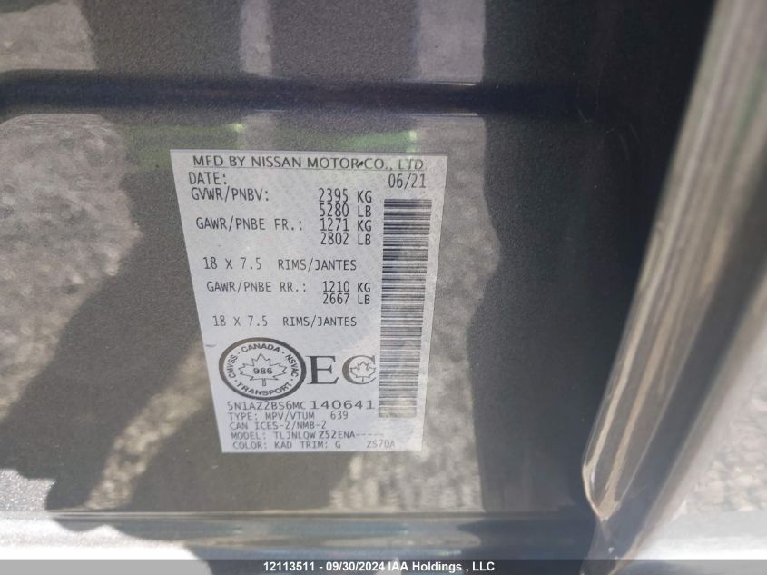 2021 Nissan Murano VIN: 5N1AZ2BS6MC140641 Lot: 12113511