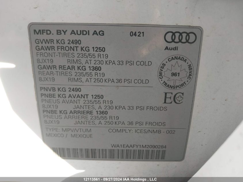 2021 Audi Q5 VIN: WA1EAAFY1M2090284 Lot: 12113561